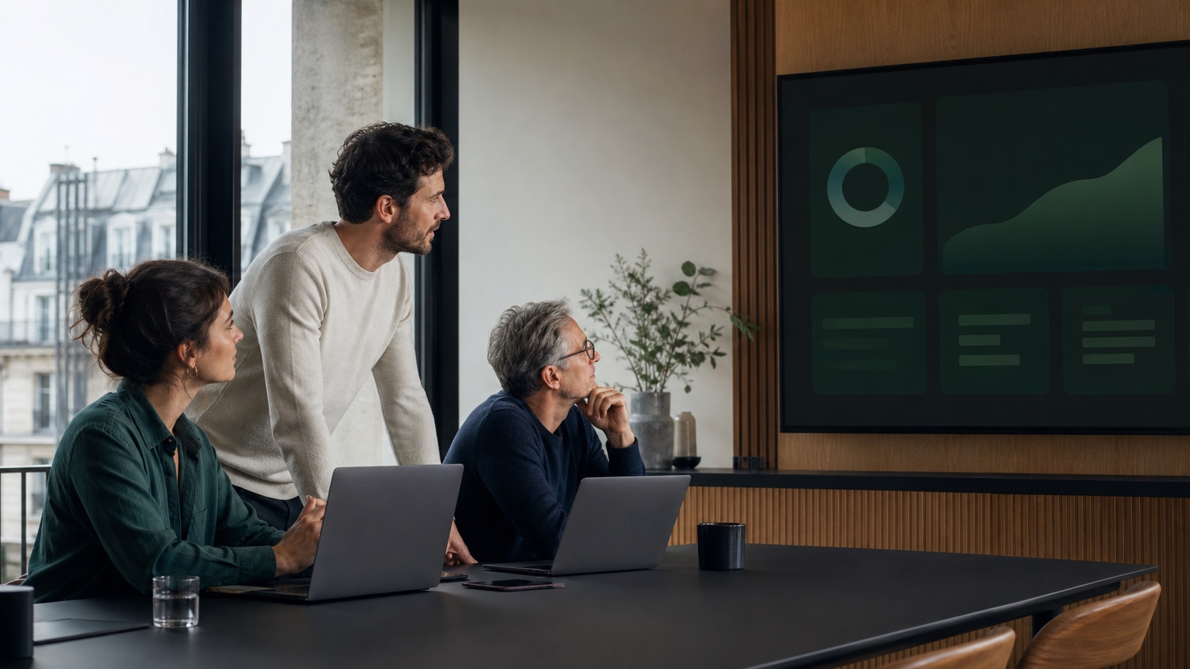 A European engineering and leadership team reviewing a system